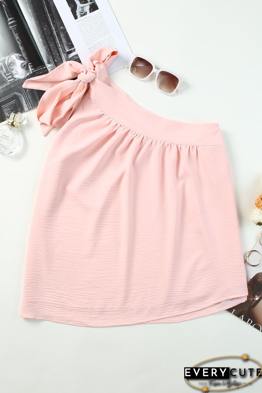 Pink Asymmetric Tie On Shoulder Sleeveless Top