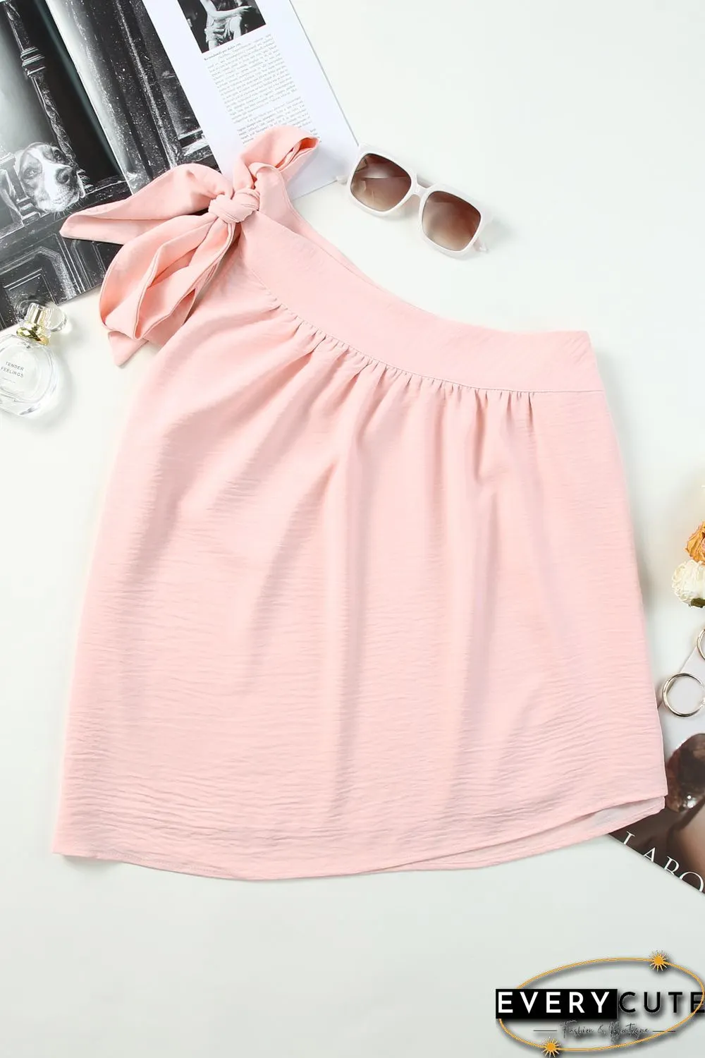 Pink Asymmetric Tie On Shoulder Sleeveless Top