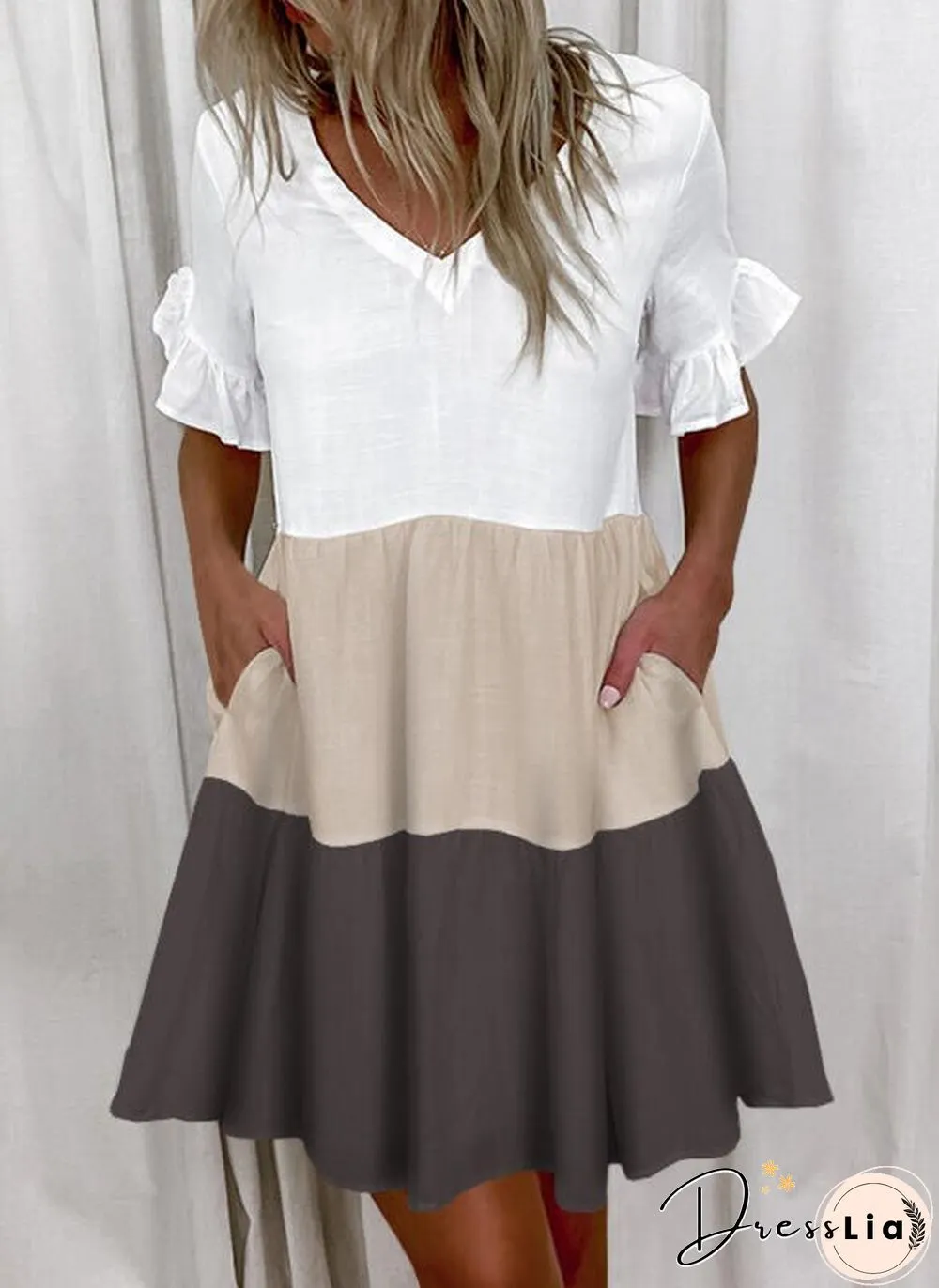 Printed Ruffle Pocket Dress Women Casual Loose Shoprt Sleeve Boho Vestidos Mujer