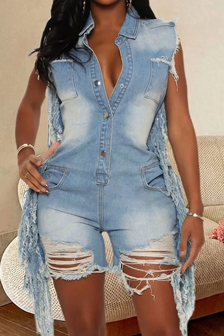 Plus Size Daily Blue Shirt Collar Strappy Distressed Denim Rompers [Pre-Order]