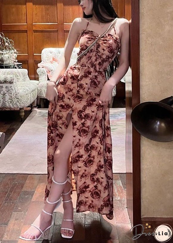 Sexy Red Ruffled Lace Up Print Cotton Long Dresses Sleeveless