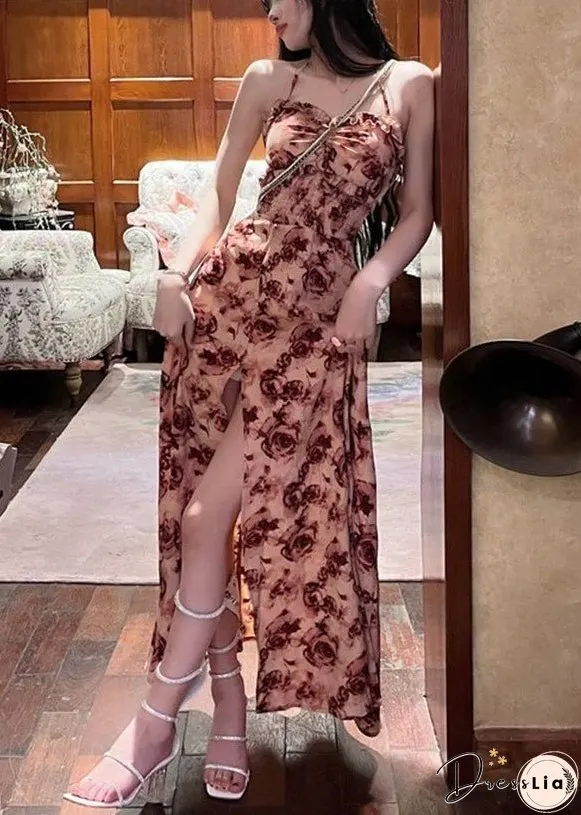 Sexy Red Ruffled Lace Up Print Cotton Long Dresses Sleeveless