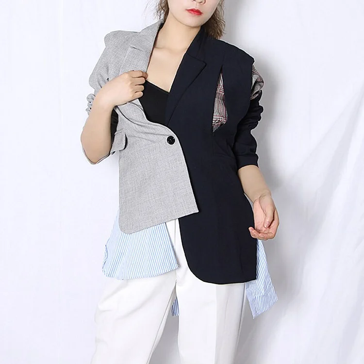 Fashion Asymmetric Lapel Patchwork Long Sleeve Blazer Coat    