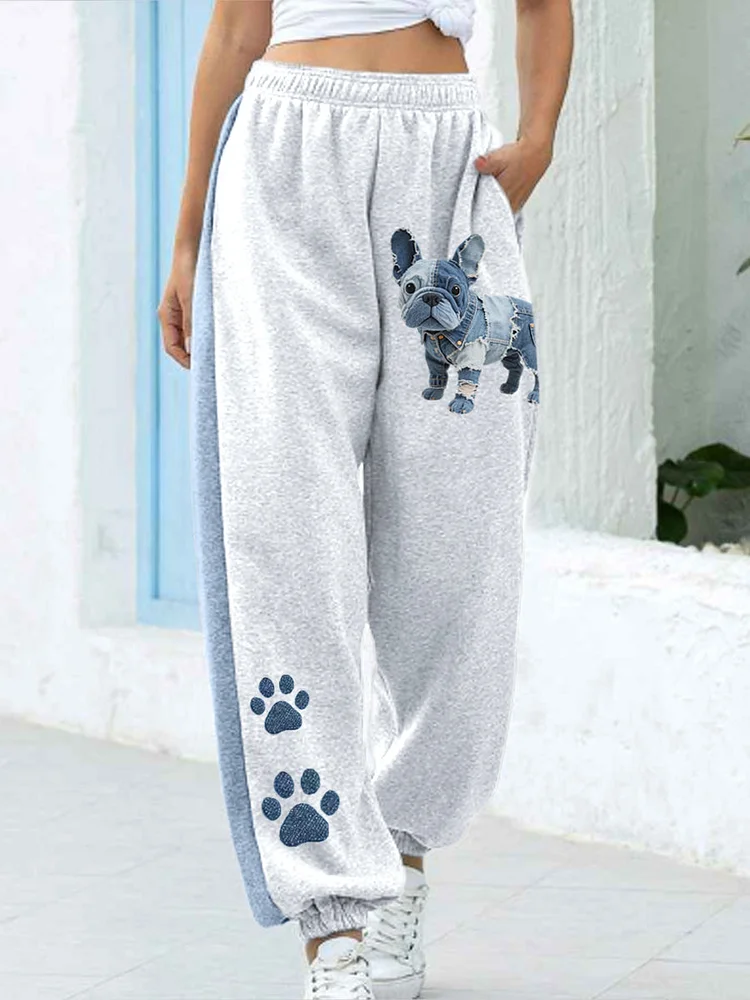 Women's Denim Patchwork Art French Bulldog Pattern Pants
