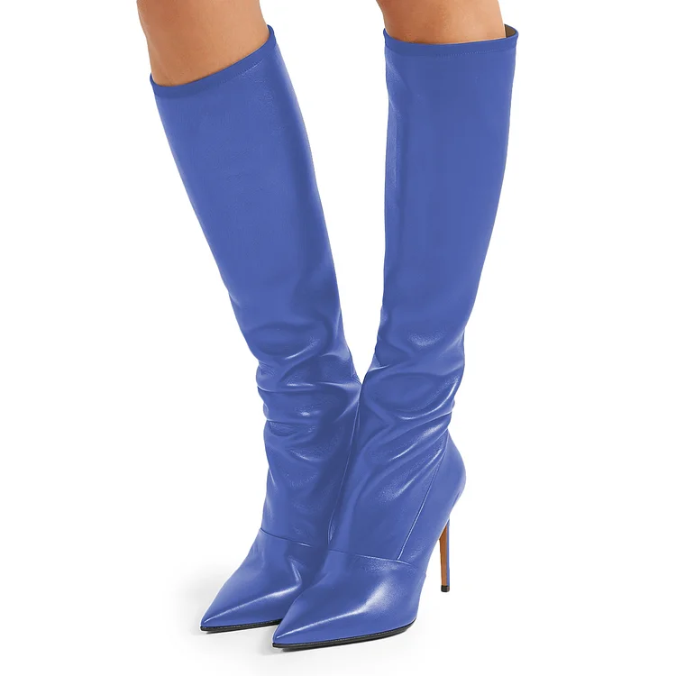 Blue Pointy Toe Stiletto Boots Knee High Boots |FSJ Shoes