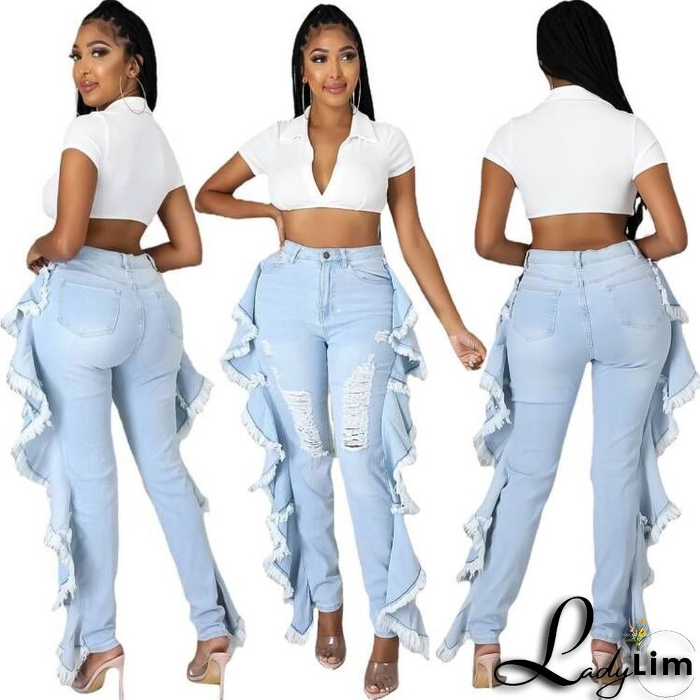 Slim-fit Sexy Stretch Jeans With Ruffled Fringe And Shredded Holes