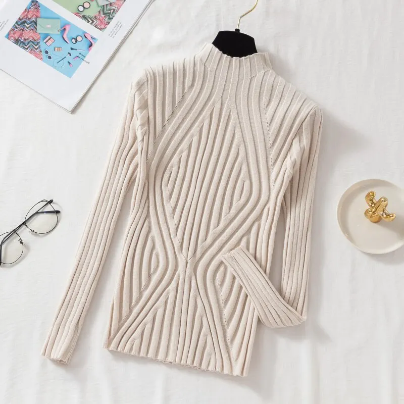 2021 Autumn Rainbow Slim Solid Sweater Tops Pullover Knitted Sweater Women Casual Long Sleeve Office Lady Jumper Sweater 17041