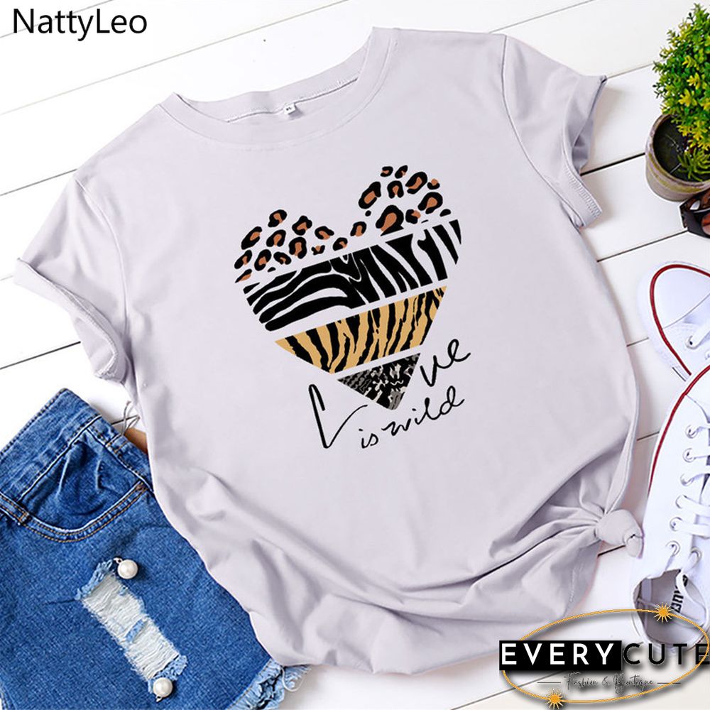 White Woman Tshirts Summer TShirt Fashion Heart Leopard Print Shirt 100%Cotton Tops O Neck Short Sleeve Tees Women Graphic Tee