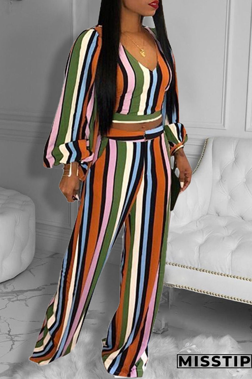 Orange Fashion Casual Striped Print Basic V Neck Long Sleeve Two Pieces