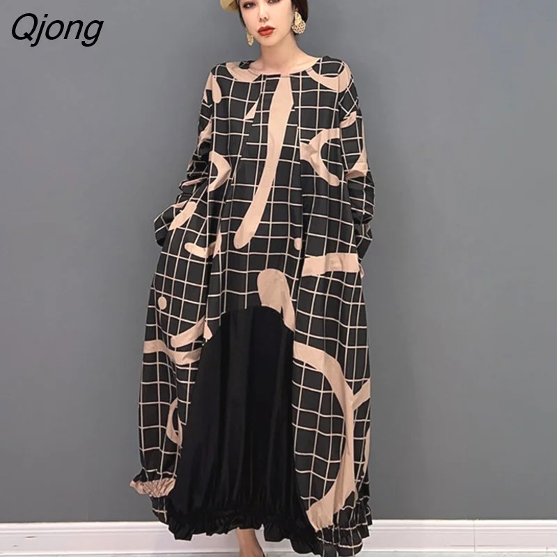 Qjong Patchwork Long Sleeve Dress For Women 2023 Spring New Korean Fashion Trend Splice Letter Plaid Dress Vestido 5R674