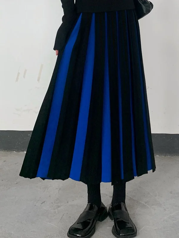 Pleated Contrast Color Loose A-Line Skirts Bottoms