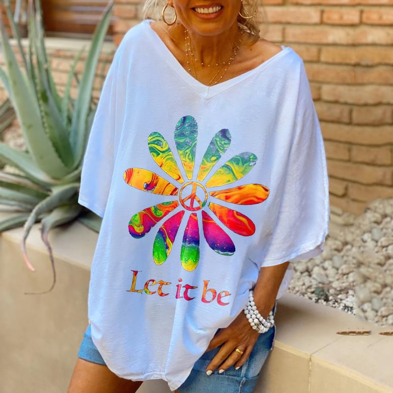 Oversized Let It Be Colorful Flower Printed Hippie Style Women's Tees