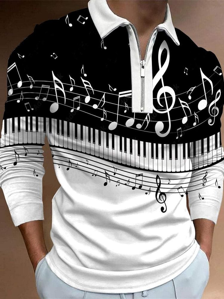 Men's Zipper Music Print PoLo Shirt