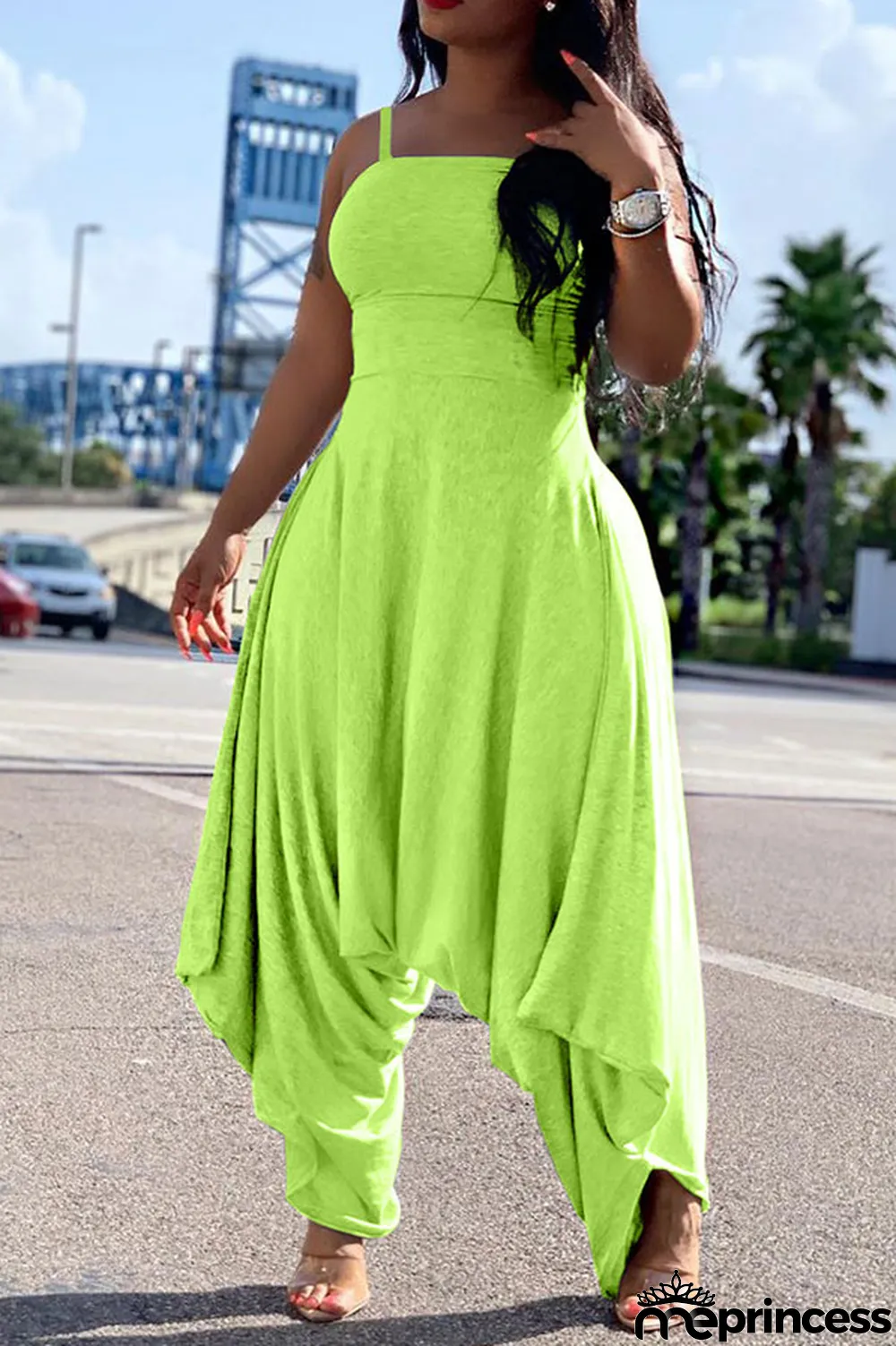 Blue Fashion Sexy Patchwork Solid Polyester Sleeveless Slip Jumpsuits