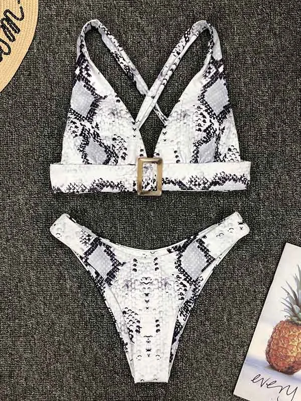 Snake-Print Deep V-Neck Embellished Split Bikini Swimsuit