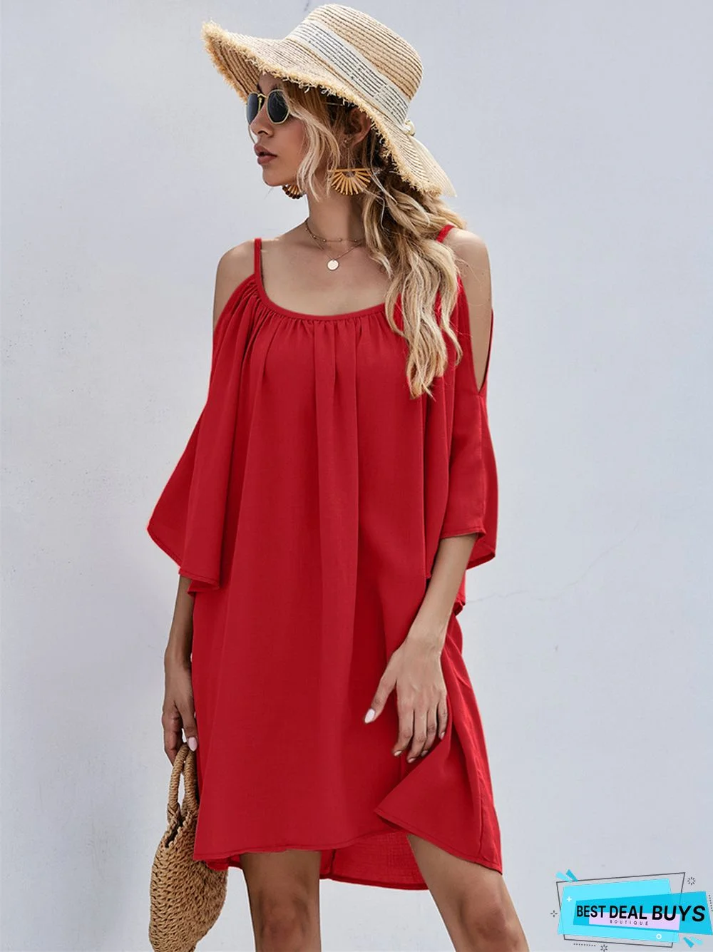 European and American Women's Casual Sexy Dress with Flared Sleeves and Shoulder Leakage