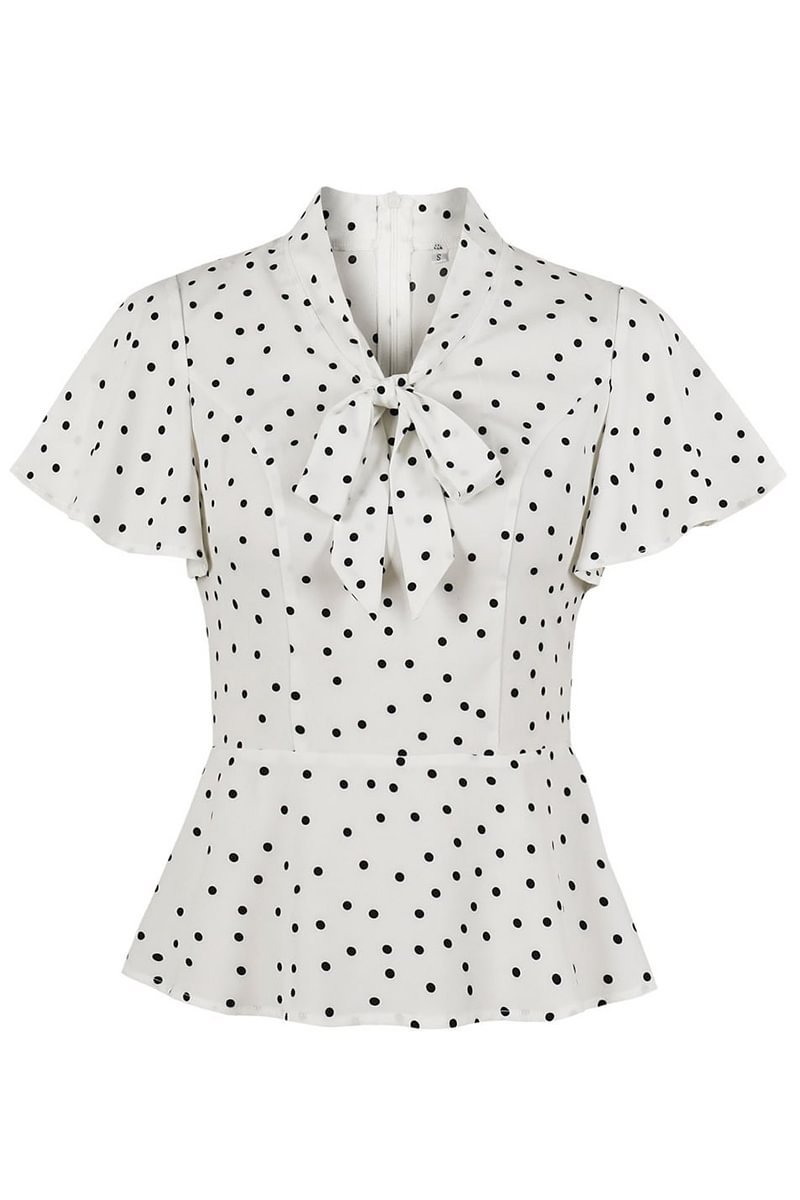 1950s White Polka Dot Print Short Sleeve Blouse