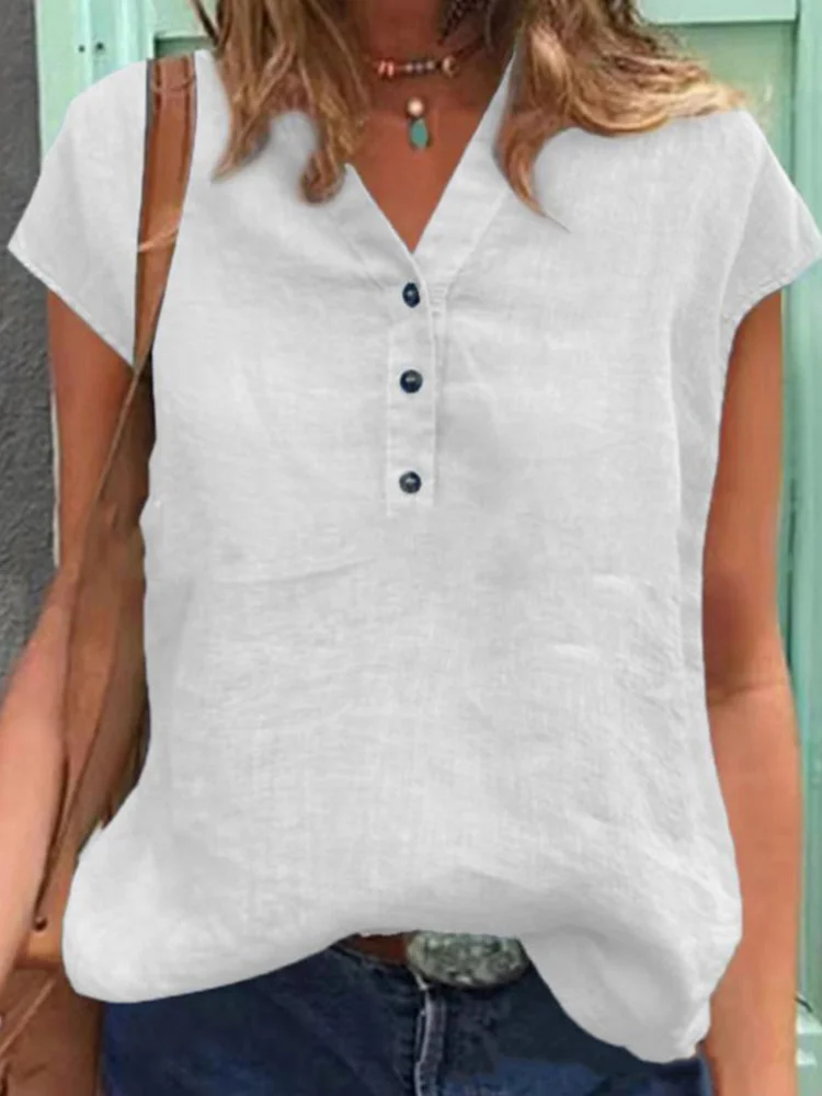 VChics VChics Solid Color Button V Neck Short Sleeve Shirt