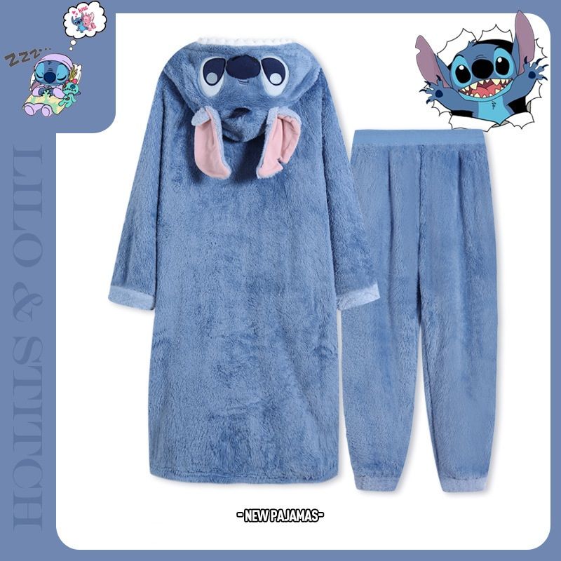 Lilo and Stitch Ladies' Men's Pajamas Hoodie Blanket Nightgown + Trousers Set Fleece Coral Velvet Enhanced Thickness A Cute Shop - Inspired by You For The Cute Soul 