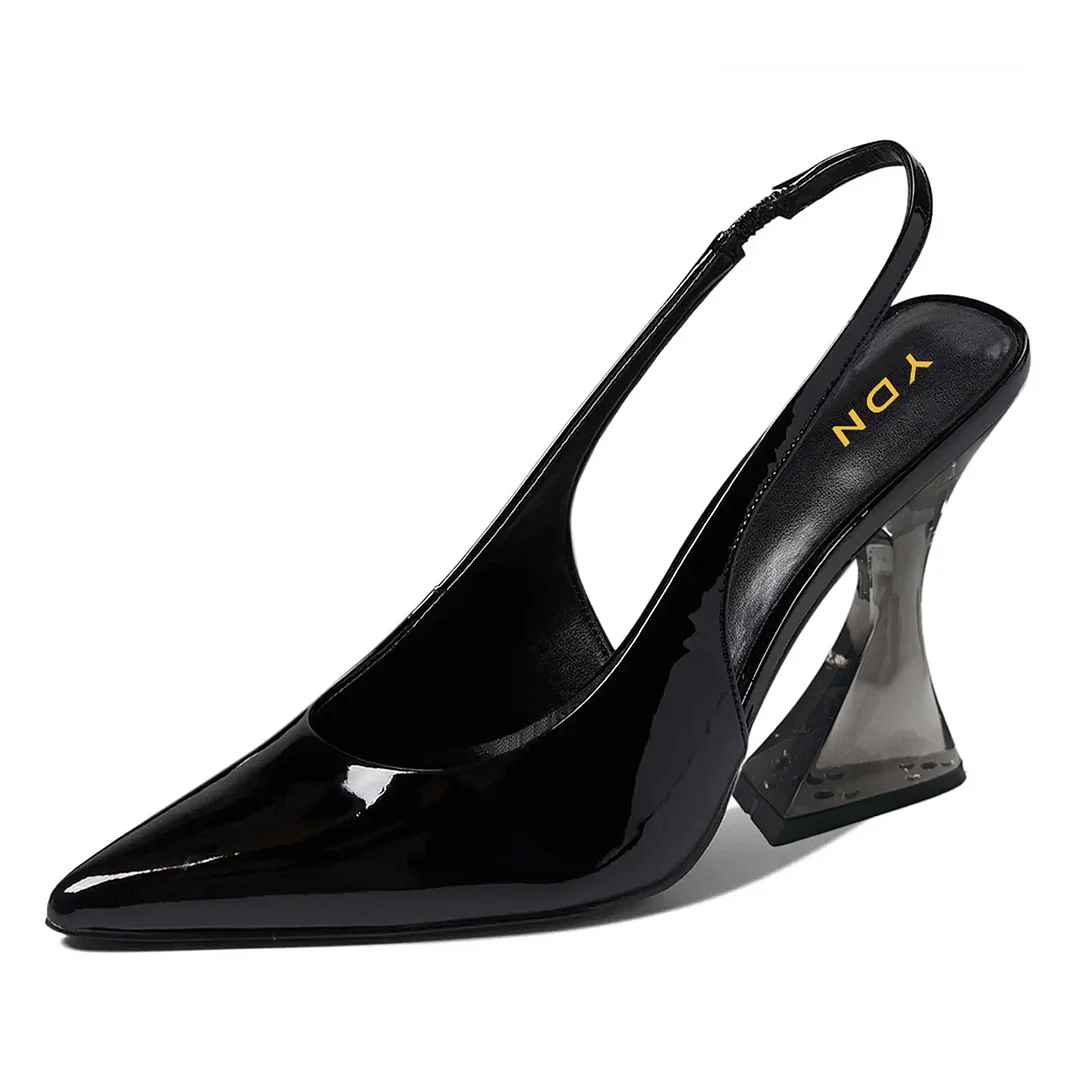 Patent Leather Pointed Toe Slingback Flared Heel Black Pumps for Women