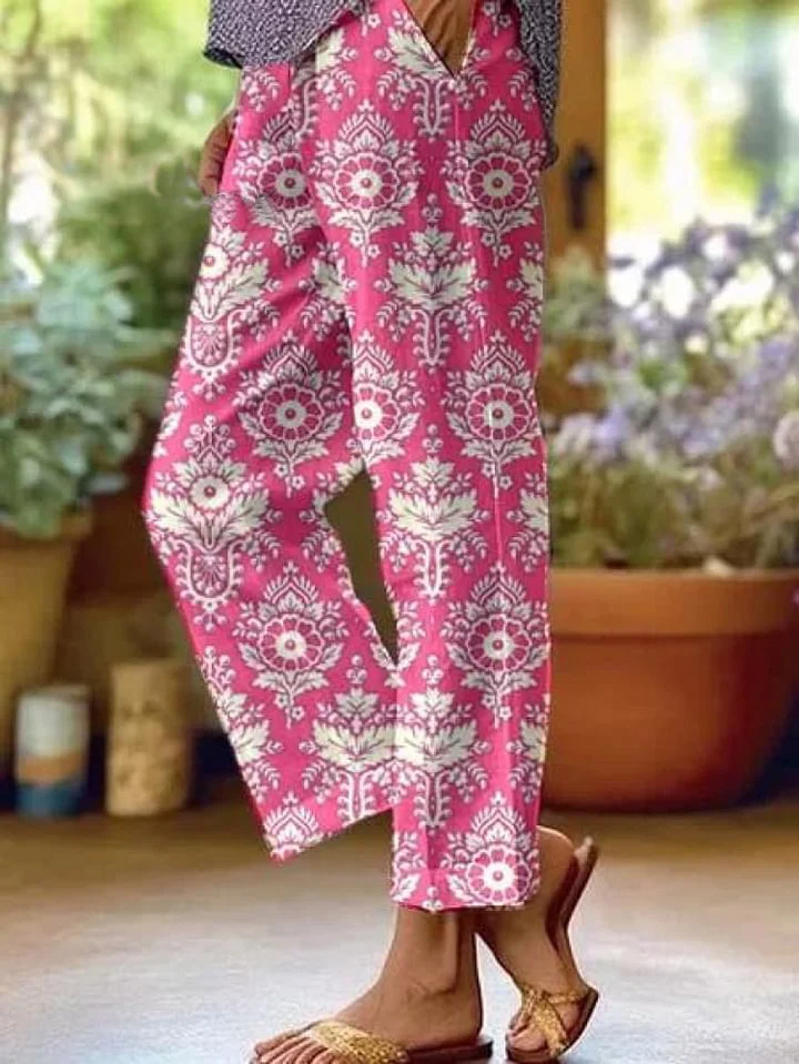 Vintage Geometric Pattern Printed Women's 100%Cotton Casual Pants