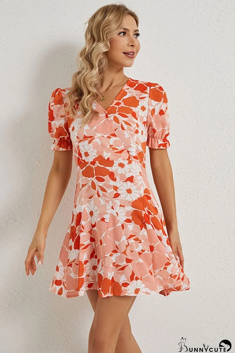 Floral Surplice Neck Flounce Sleeve Dress