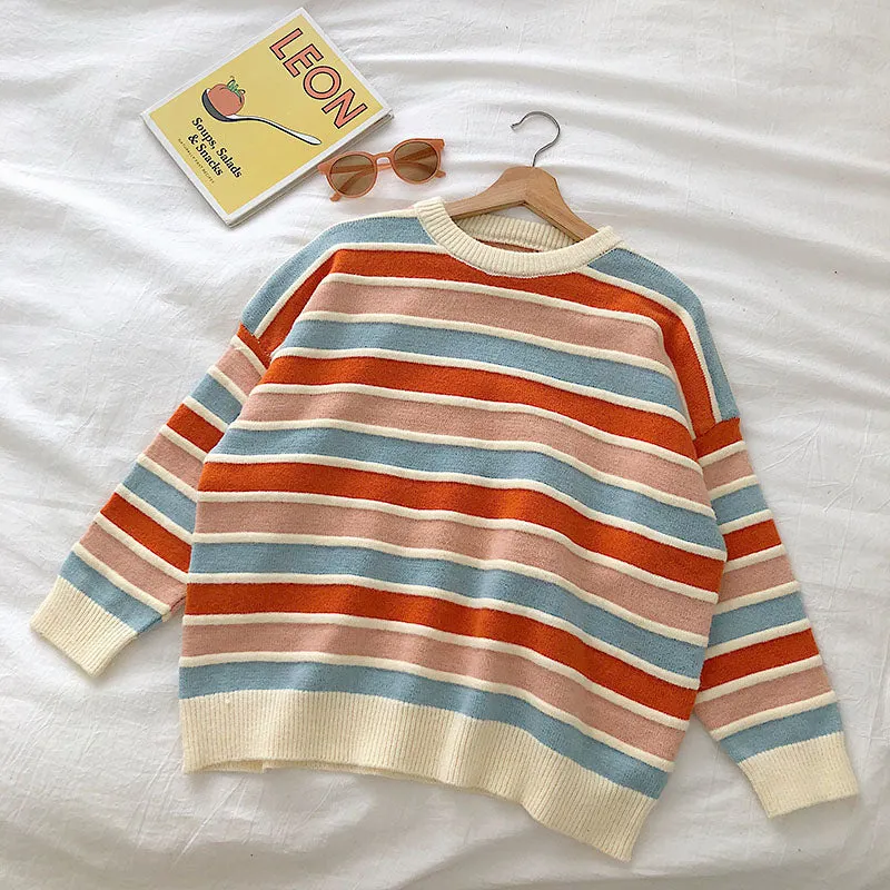 New Women Stripe Sweater Autumn Winter Loose Long Sleeve Pullover Tops Korean Ladies Knitted Patchwork Korean Sweaters