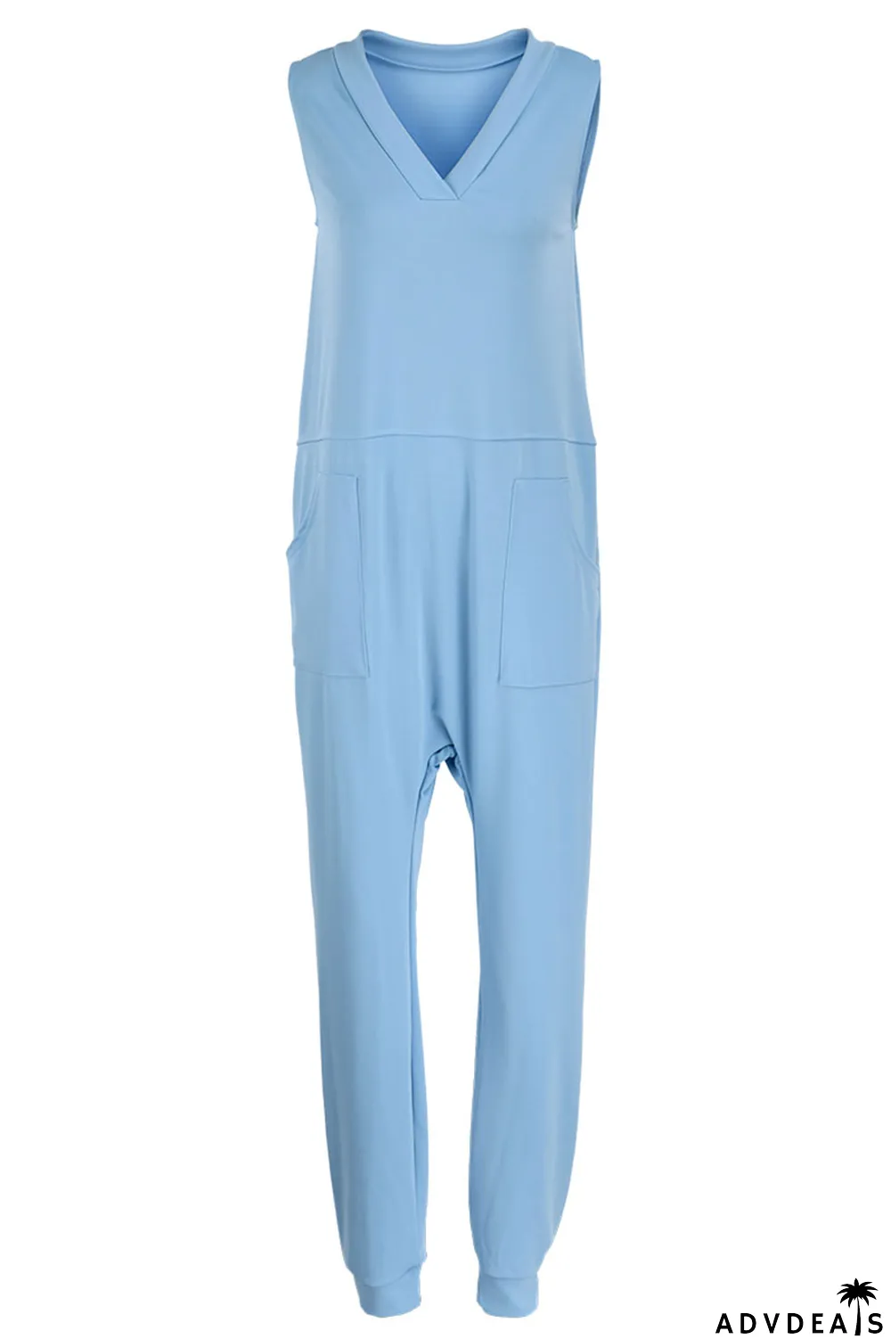 Rose Red Casual Solid Split Joint V Neck Straight Jumpsuits