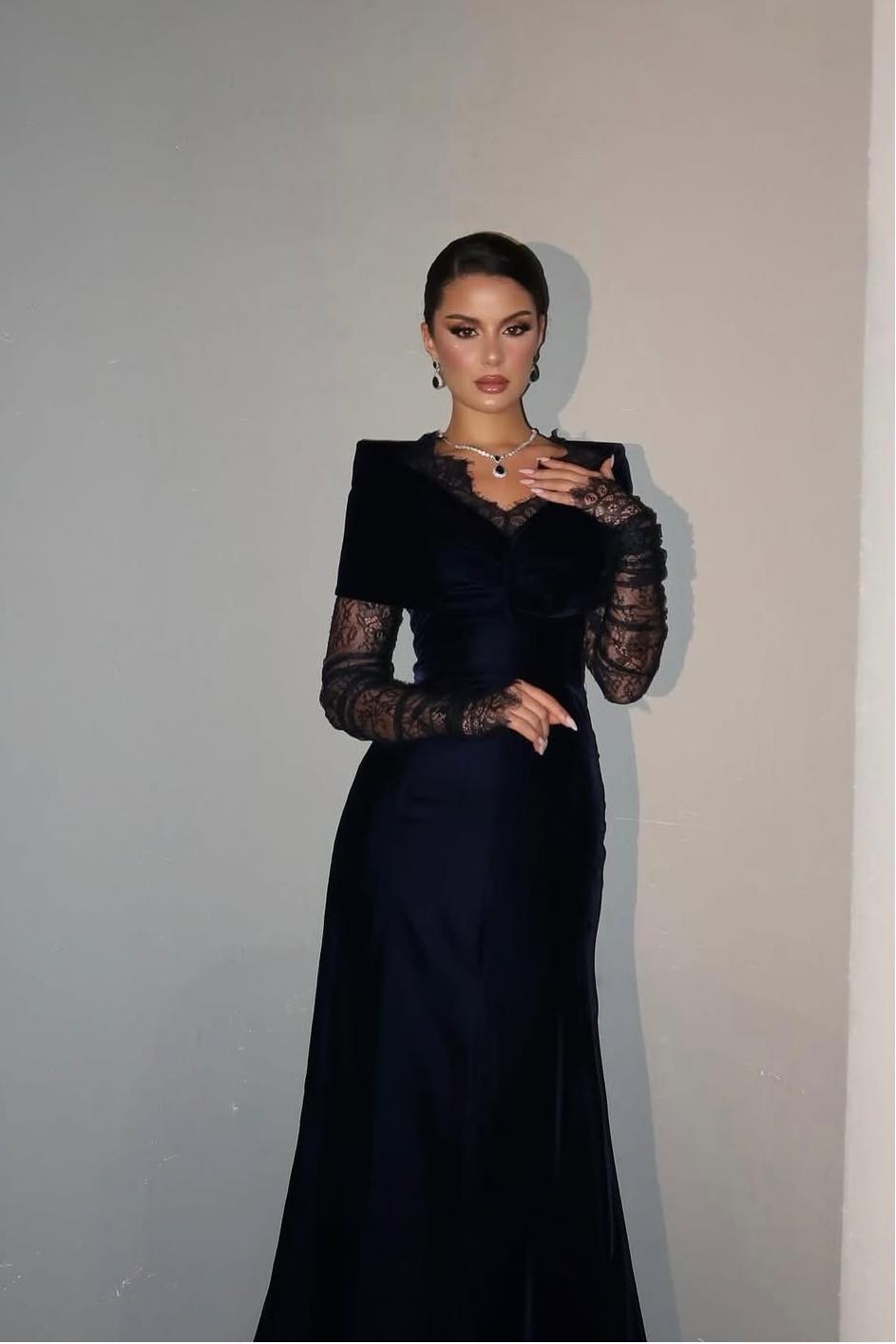 Lussooy Satin Stunning Off the Shoulder Long Sleeves Long Prom Dress with Lace 