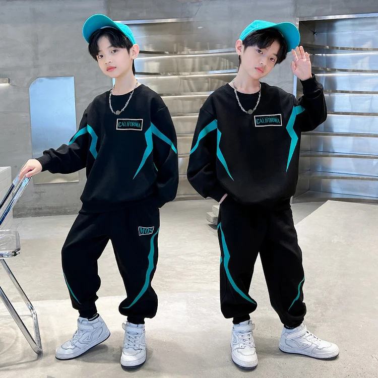 アルファベット 切り替え キッズ  配色 ラウンドネック パーカー+パンツ 男の子 セットアップ