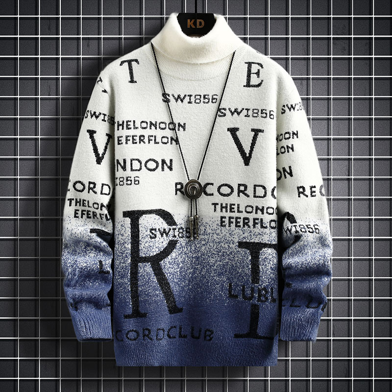 Mens Winter Thicken Fleece Sweater Mens Korean Casual Slim Letter Print Turtleneck Knitted Pullover Outdoor Warm Sweatshirt 5XL