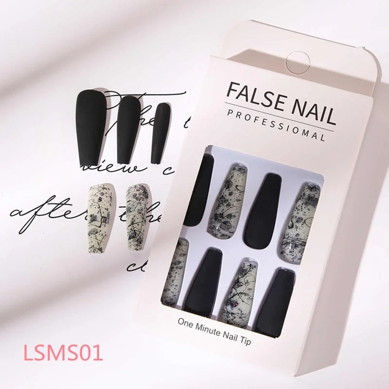 24pcs/box Fake Nails with Glue Black Drawing Designed Elegant White Extra Long Ballerina Coffin False Nail Decoration