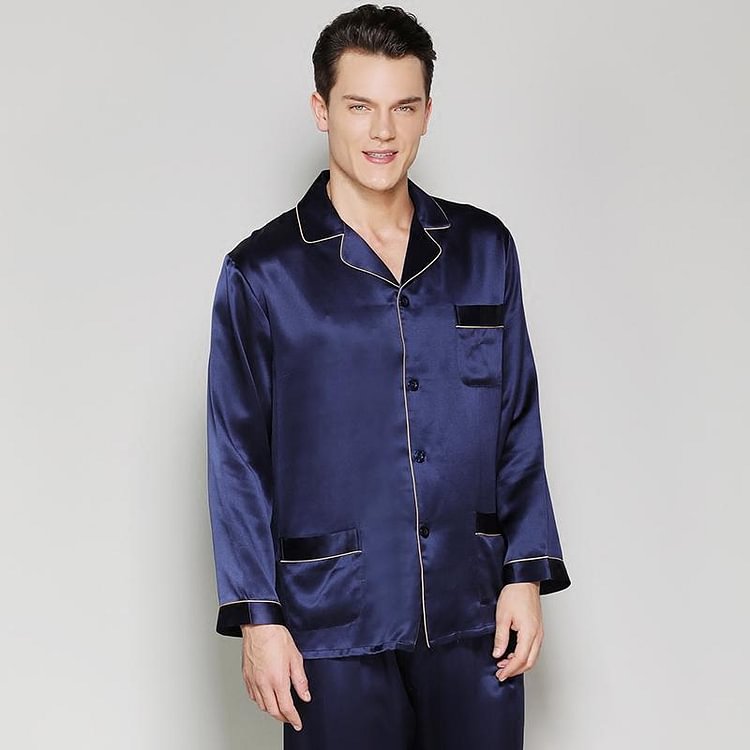 22 Momme Blue Silk Suit Pajamas For Men-Chouchouhome