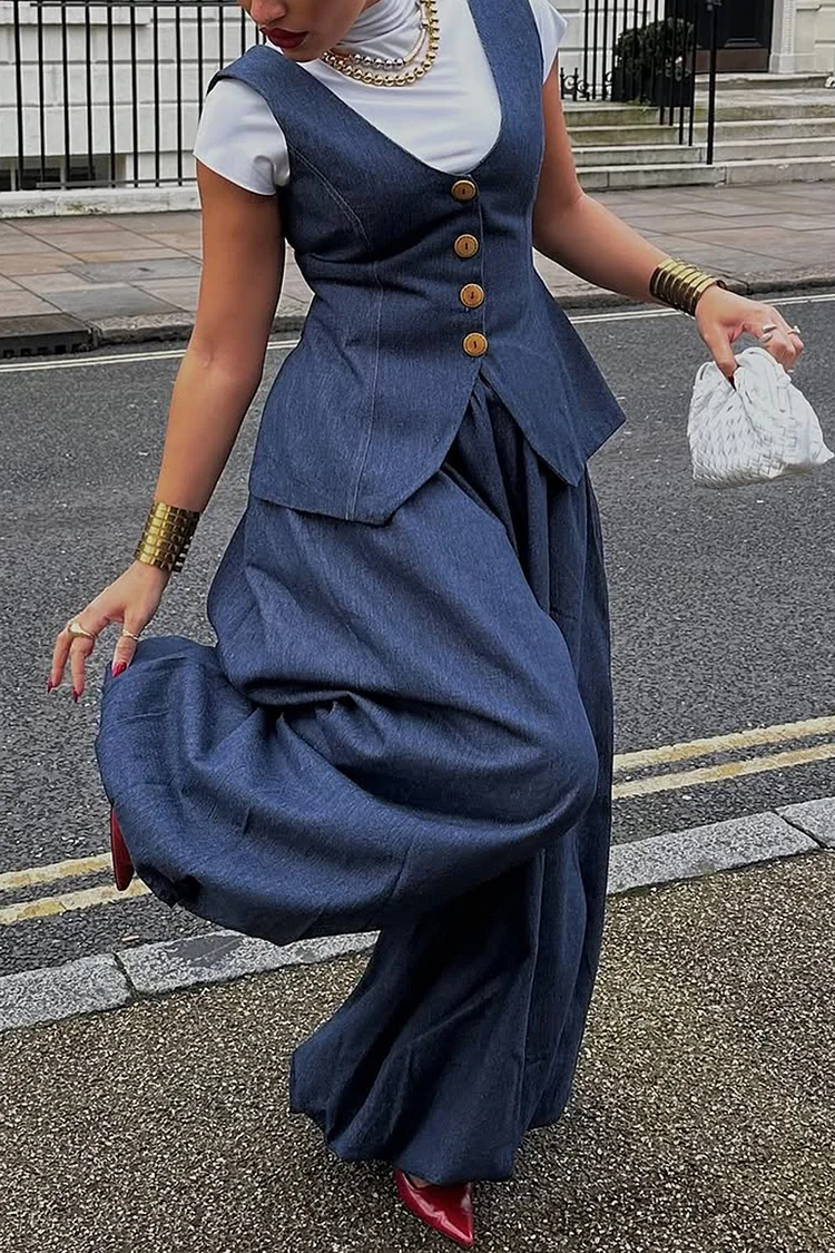 Plus Size Business Casual Blue Pocket Pull-On Waist Denim Two Piece Pant Sets [Pre-Order] 2024 - Xpluswear