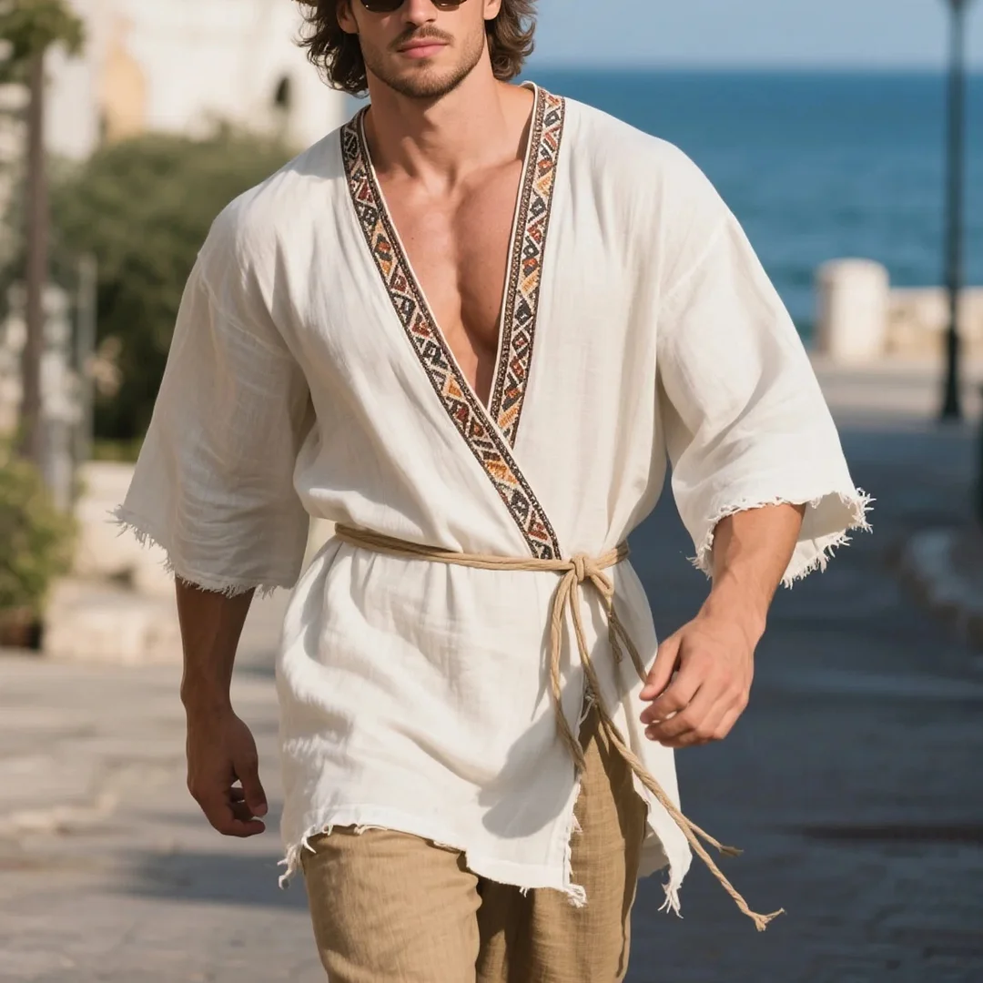  Stylish Peach Henley Shirt with Embroidered Cuffs for Men