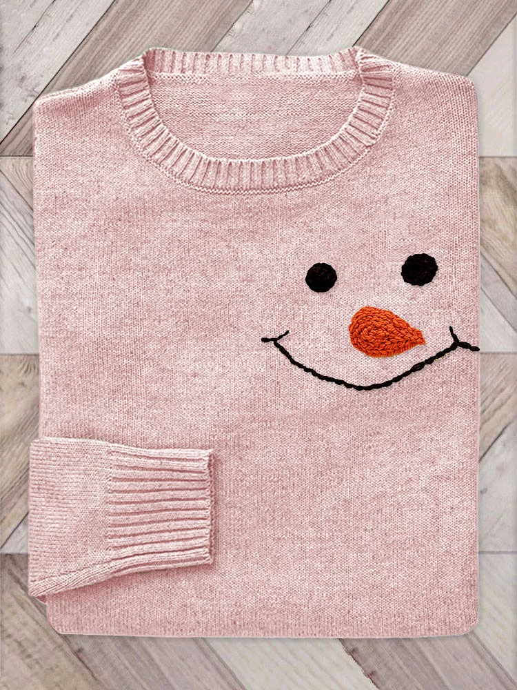 Christmas Snowman Face Embroidery Pattern Cozy Knit Sweater