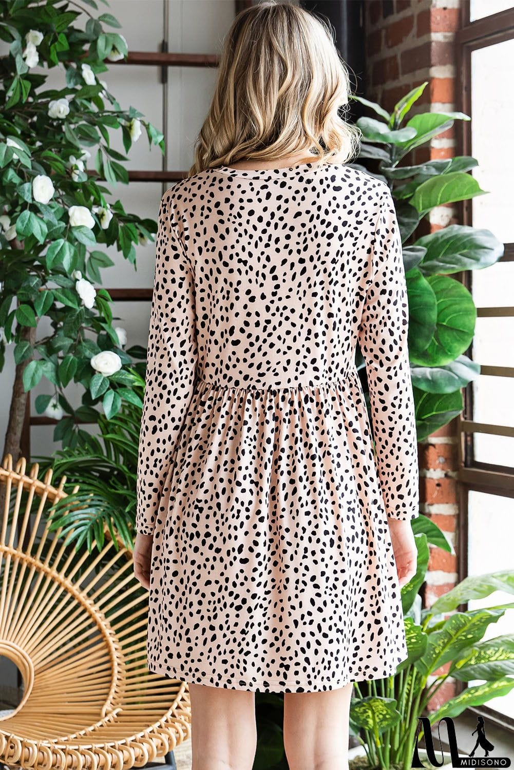 MidiSono - Printed Round Neck Long Sleeve Dress
