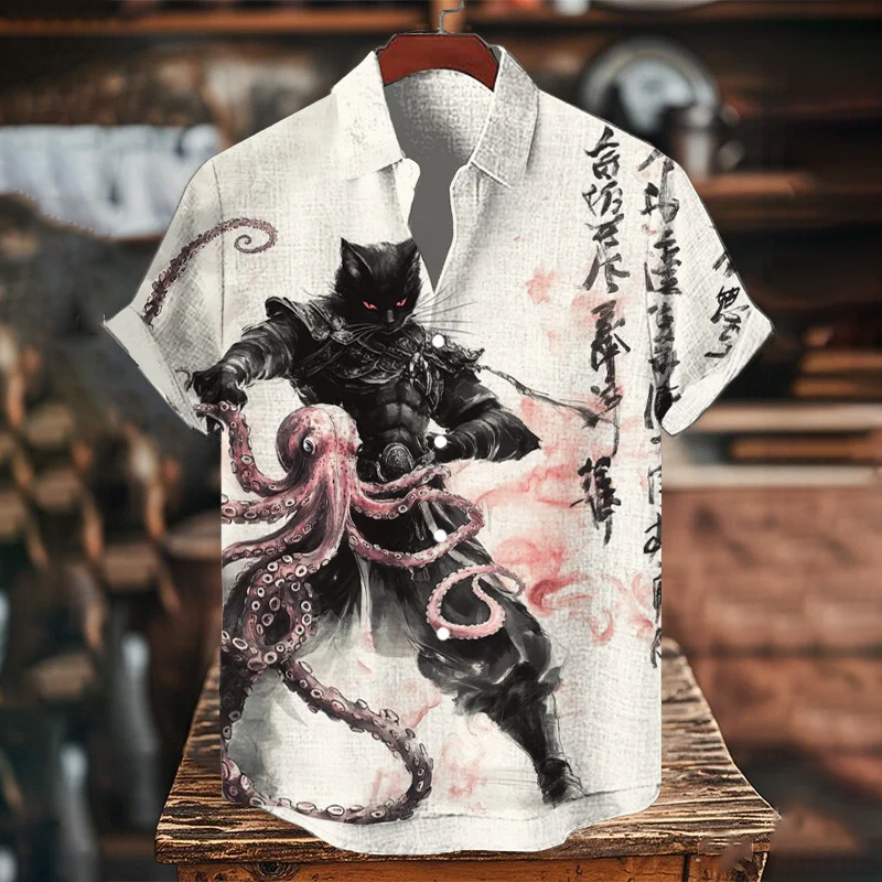 Men's Retro Calligraphy Black Cat Warrior Holding An Octopus Art Print Casual Shirt