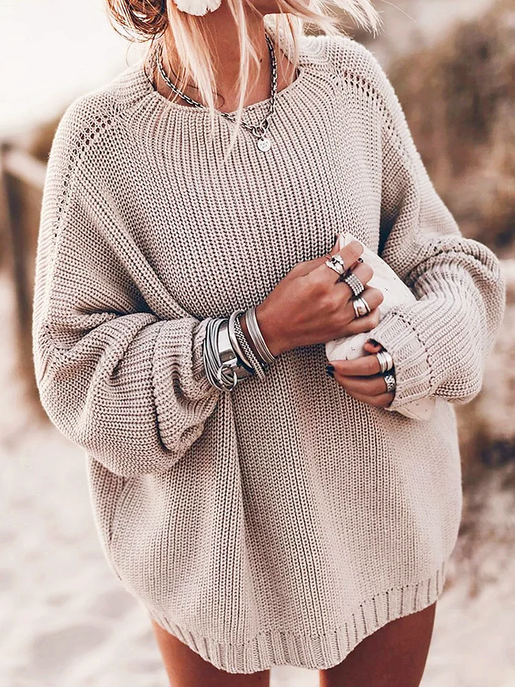 Solid Color Round Neck Loose Plus Size Sweater-Cosfine