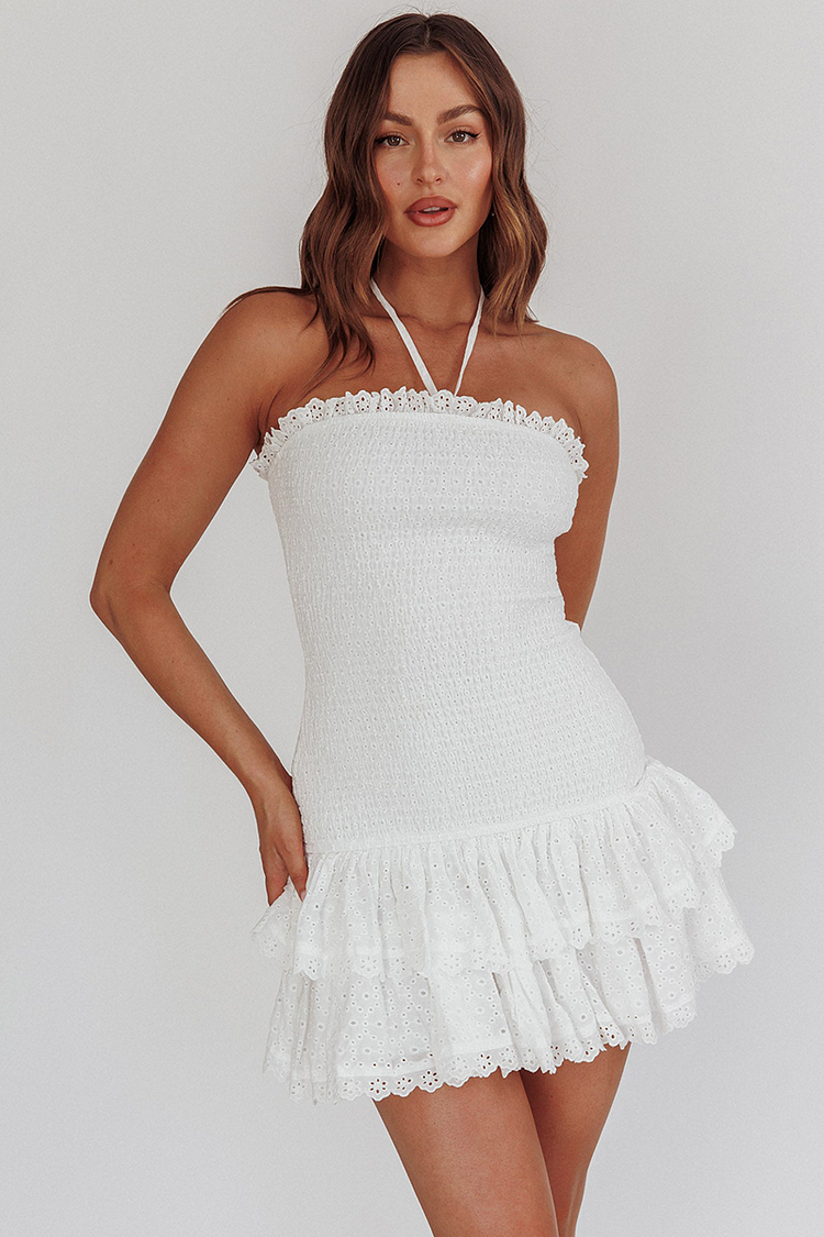 Halter Neck Slim Fit Lace Trim Layered Ruffled Mini Dresses-White [Pre Order]