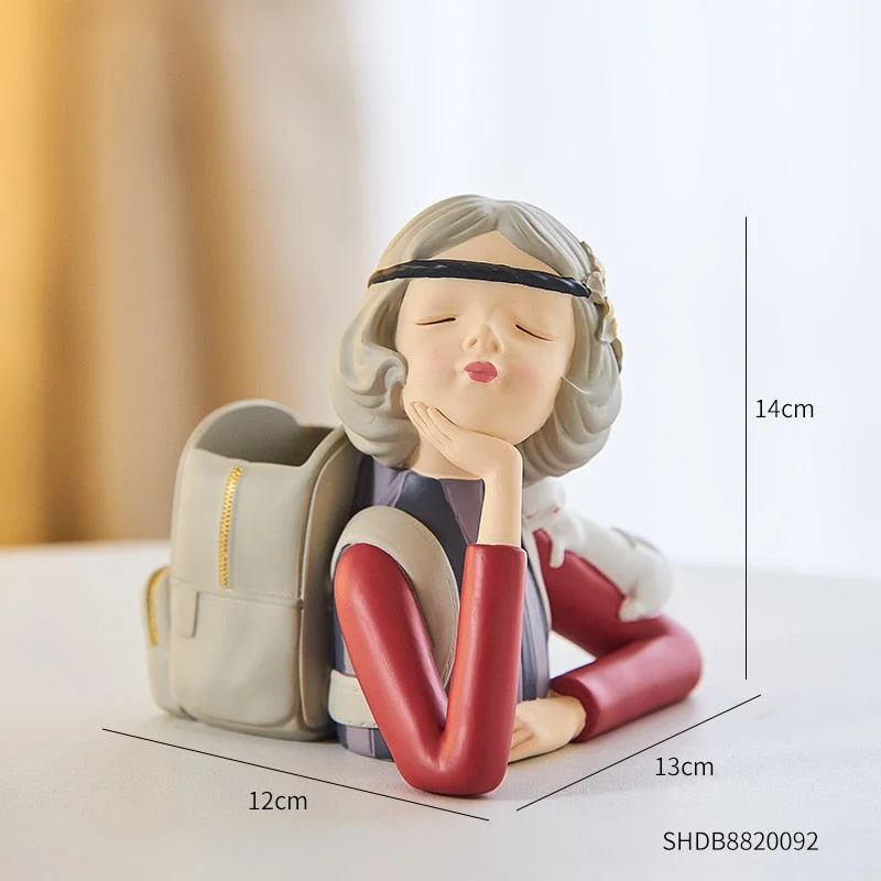 Pen Holder Stationery Resin Character Girl Sculpture Modern Home Decoration Study Room Children's Bedroom Desktop Decoration