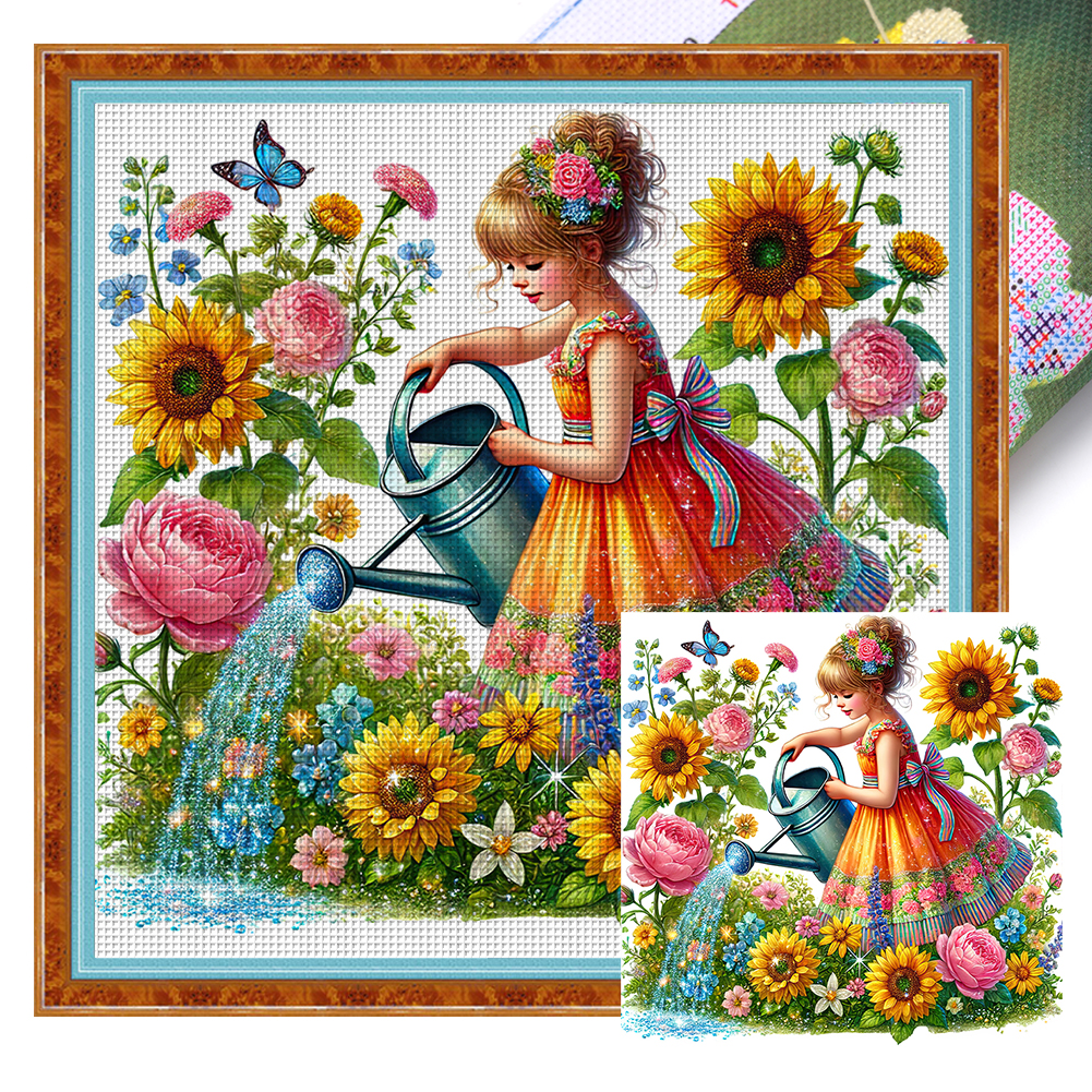Girl In The Flowers Full 11CT Pre-stamped Canvas(50*50cm) Cross Stitch