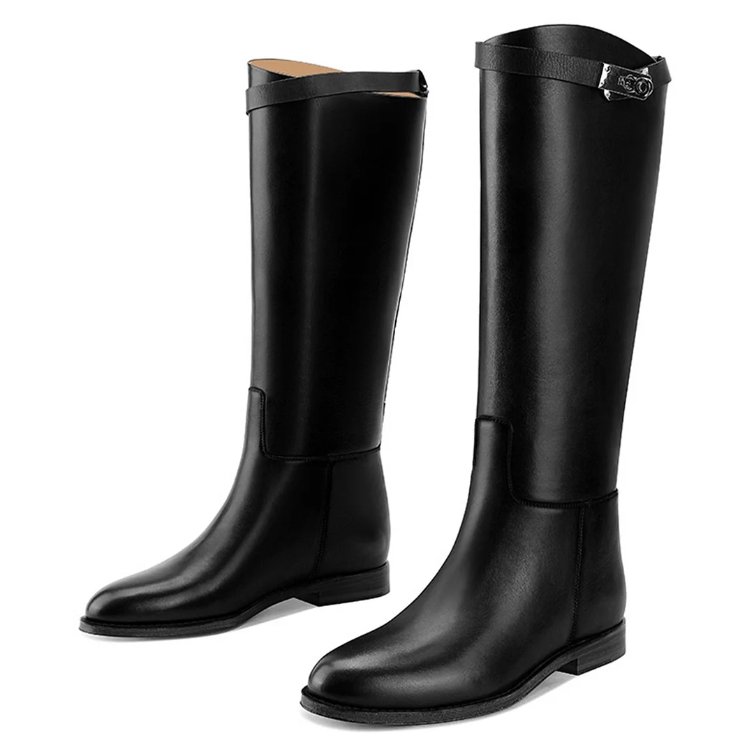 Black Knee High Closed Toe Flat Vegan Leather Slip On Boots for Women