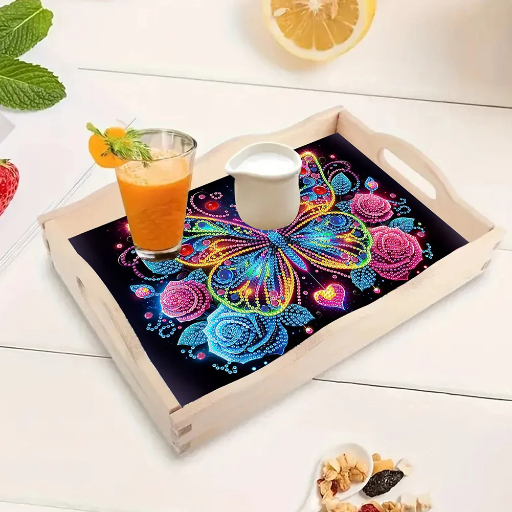 5D DIY Flower Butterfly Diamond Painting Wooden Serving Tray with Handle for Desk