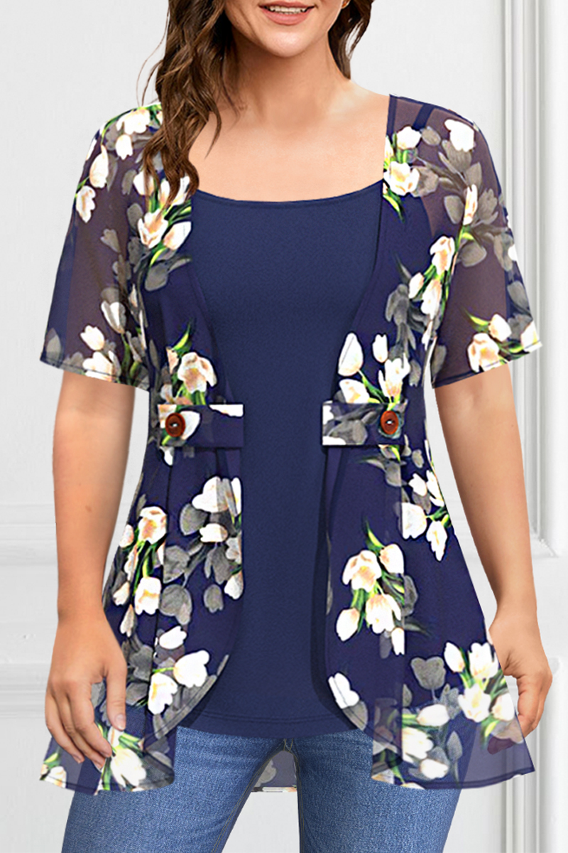 Flycurvy Plus Size Dressy Blue Chiffon Floral Print 2 in 1 Blouse