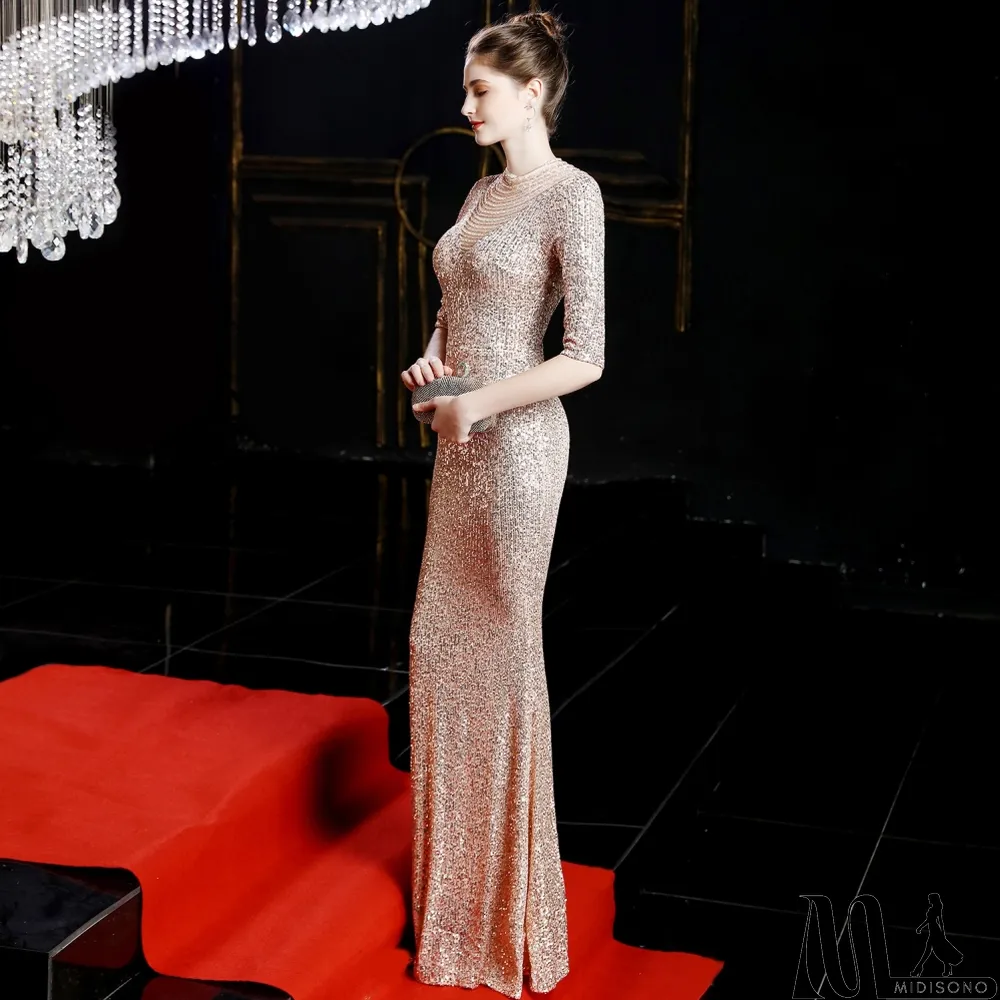 MidiSono - Sequins Half Sleeves Round Neck Evening Dress