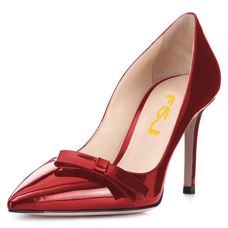 Red Mirror Leather Bow Stiletto Heels Pumps |FSJ Shoes