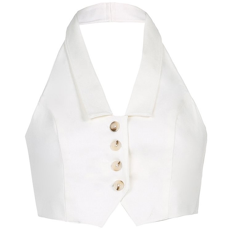 Suit Style Button Up Tie Back Halter Top - tree - Codlins