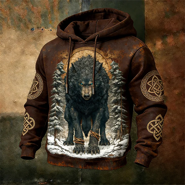 Viking Forest Wolf Pattern Men's Vintage Hoodie