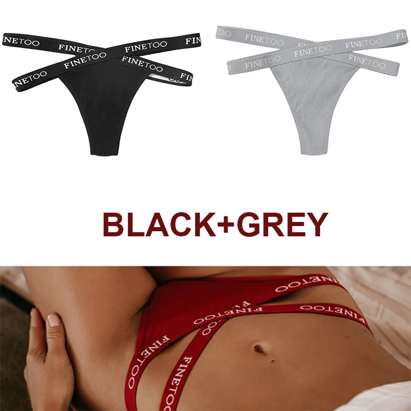 FINETOO 2PCS/Set Women's Cotton G-string Sexy Cross Strap Panties Letter Waisted Underwear Thongs Femme Hollow Out Lady Briefs